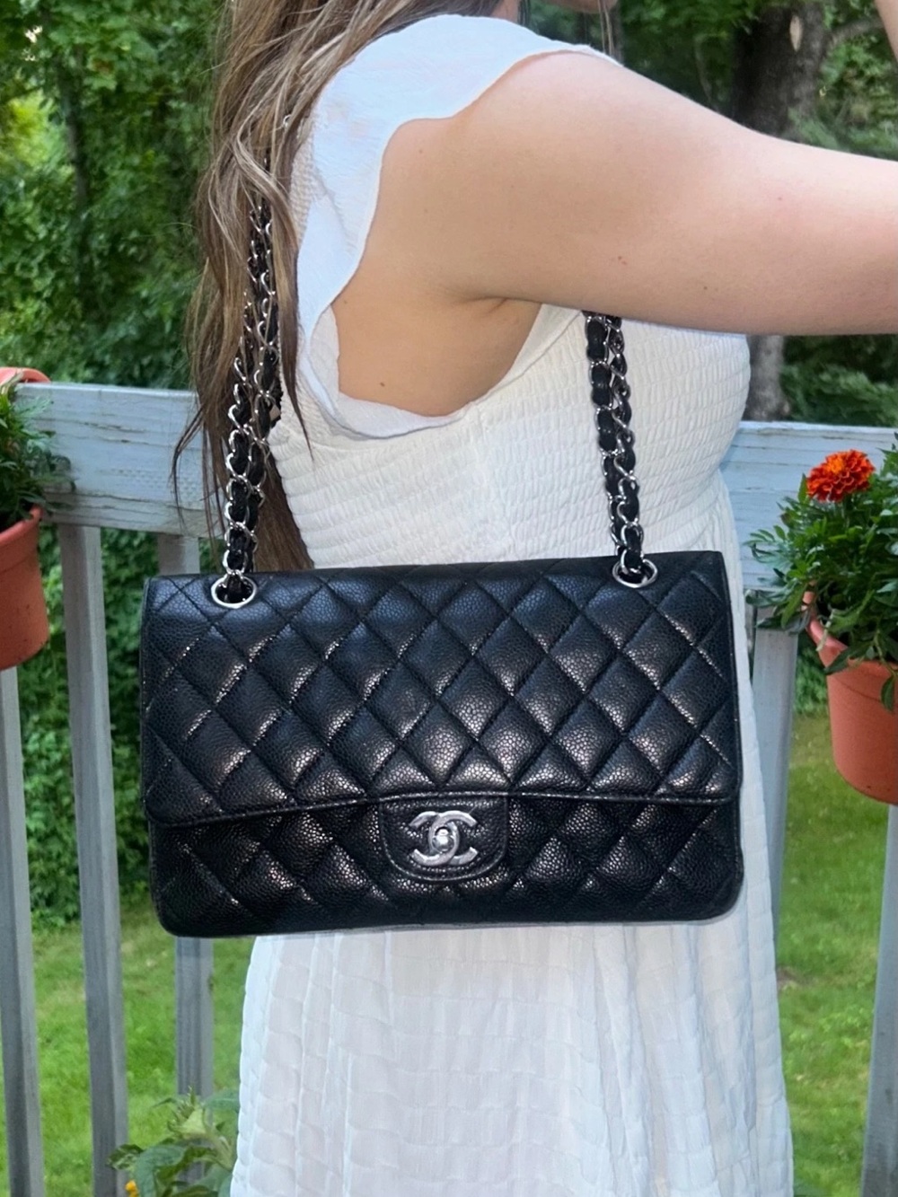 CHANEL Medium Classic Double Flap Caviar Quilted Handbag Black - Full Set